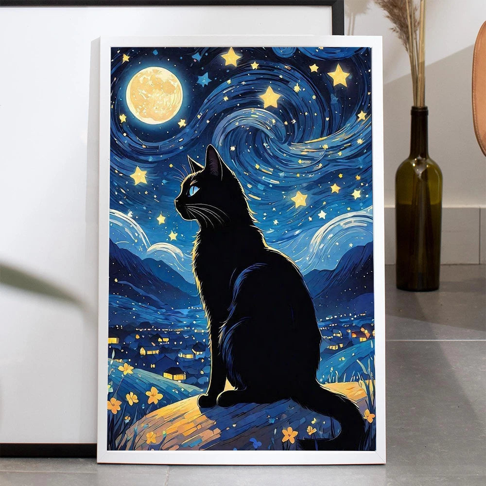 "Starry Night Cat Canvas Art"