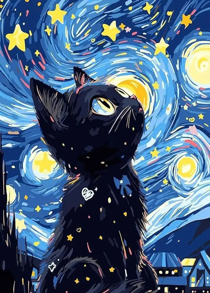 "Starry Night Cat Canvas Art"