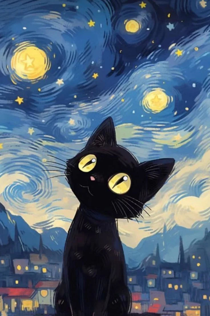 "Starry Night Cat Canvas Art"