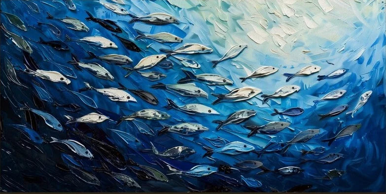 "Blue Fish School Canvas Art"